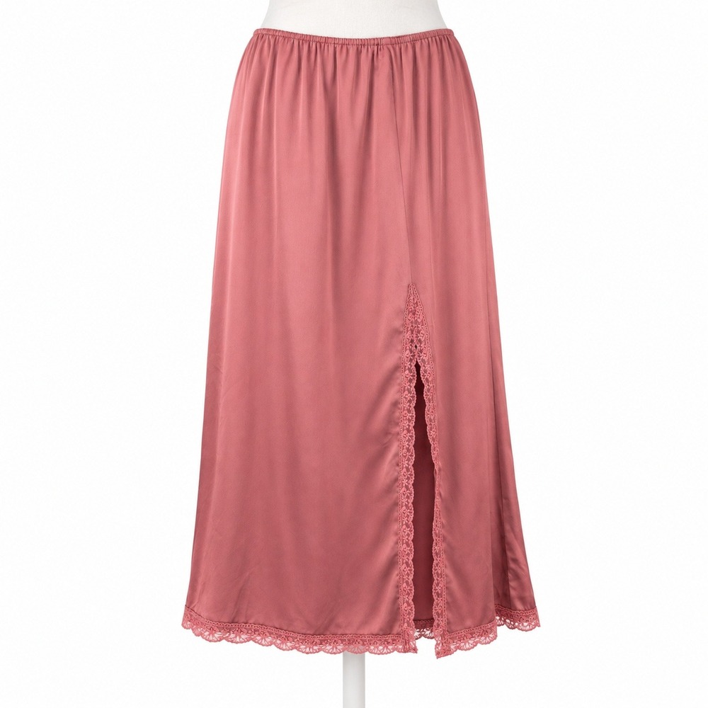 Satin Lace Trim Maxi Slip Skirt Sz L Pink Leg Slit Romantic Fairy Flowy Coquette